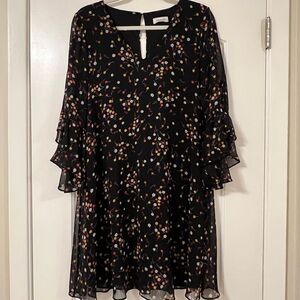 Black Floral Ruffle-Sleeve Dress